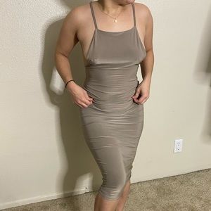 Taupe Slinky Midi Dress with Strappy + Ruched Back